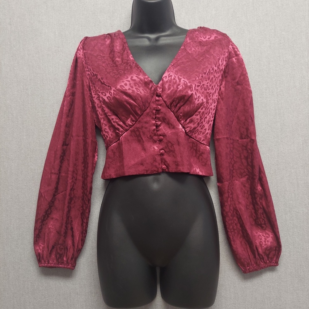 Satin Jacquard Animal Print Top M Plum Cropped Y2K Babydoll Blouse Smocked Waist